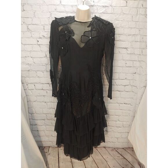 Black Tie VINTAGE Women's Size 8 Black Silk & Chiffon with Appliques Maxi Dress - Picture 1 of 12